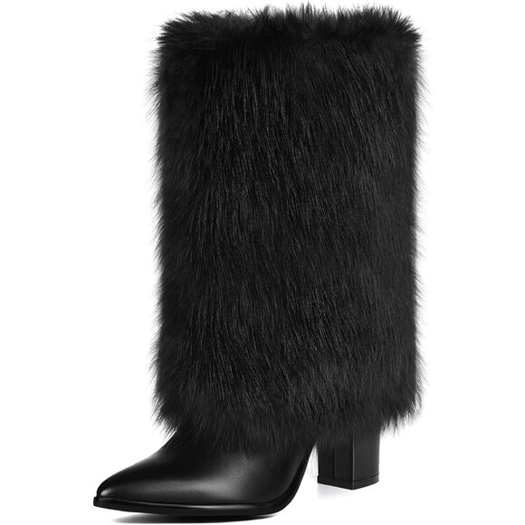 Shoes - Women's Black 3.3-inch Chunky Mid Calf Furry Fuzzy Fluffy Pointed Toe Boots